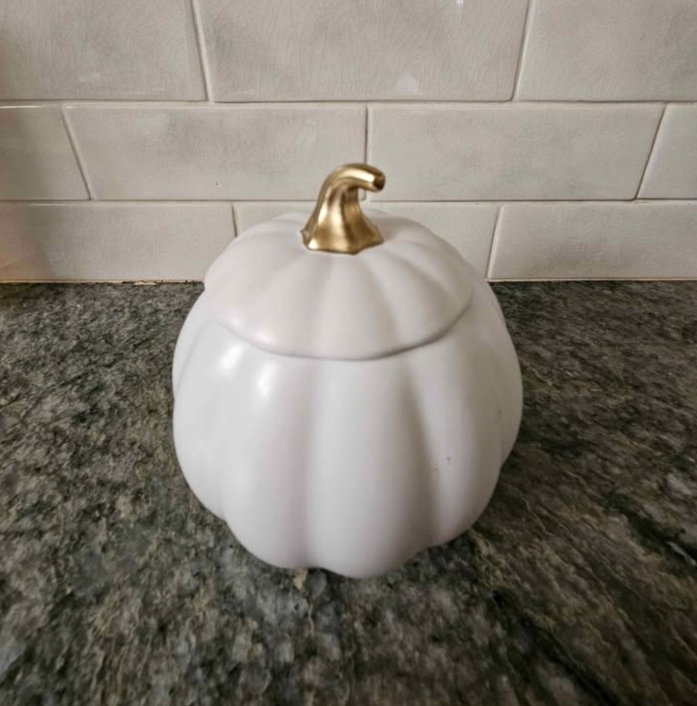 Artisan Collection White Pumpkin Ceramic Jar with Gold Stem
